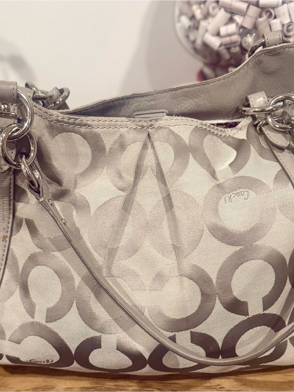 Coach Op Art Sateen Grey Shoulder Tote Bag F16233 — Silver Hardware & Charm